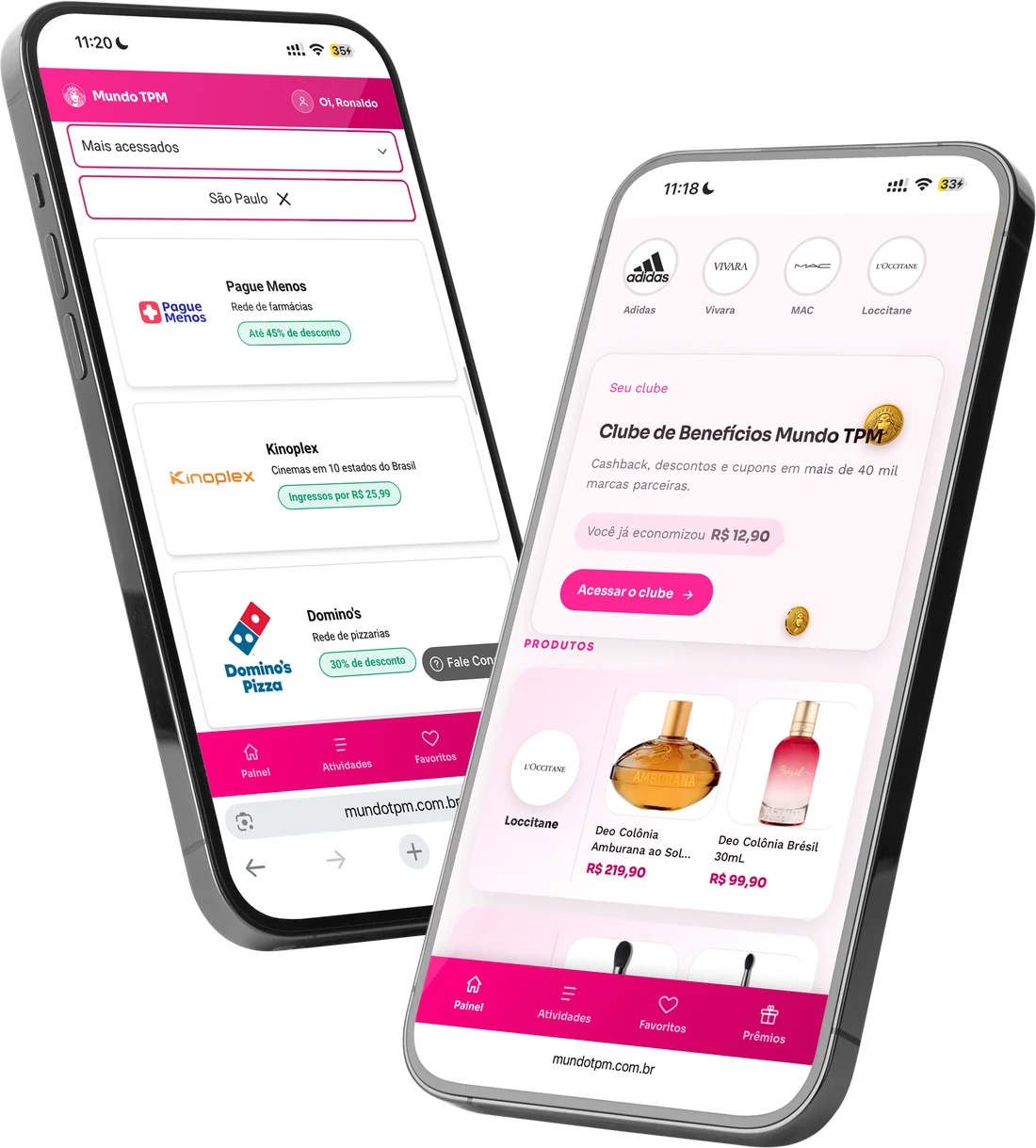 Telas do app Mundo TPM em dois celulares